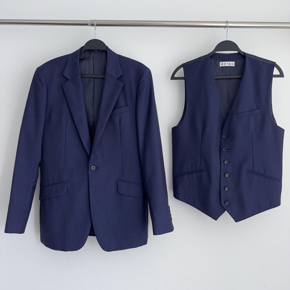 Reiss Suit Jacket Vest Set 2 Piece Mens 38‎ Navy Blue Duke Wool Mohair Formal